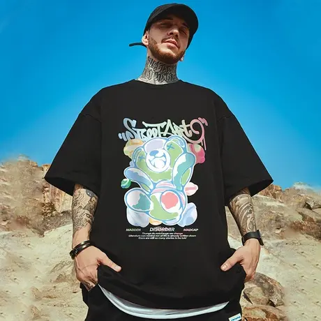 oversize欧美潮牌卡通国潮中性宽松短袖T恤潮流ins半袖夏大码男装图片