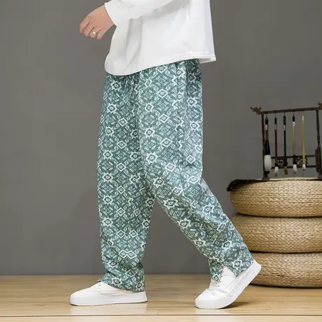 2023秋冬男裤子中国风提花印花裤子大码时尚个性潮休闲裤宽松长裤图片