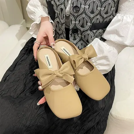 包头半拖鞋女外穿2024新款孕妇芒果头丑萌蝴蝶结懒人穆勒平底凉拖商品大图
