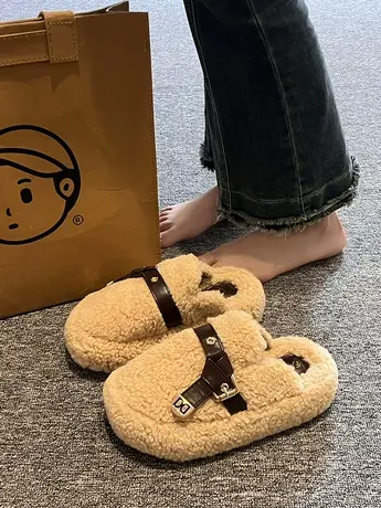 厚底毛毛拖鞋女外穿2023新款秋冬加绒包头半拖鞋网红冬季爆款棉拖商品大图