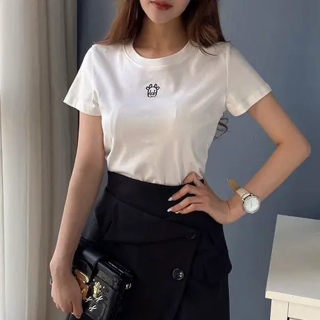 粉红大布娃娃黑色t恤女短袖2021新款夏纯棉体恤宽松休闲短款上衣商品大图