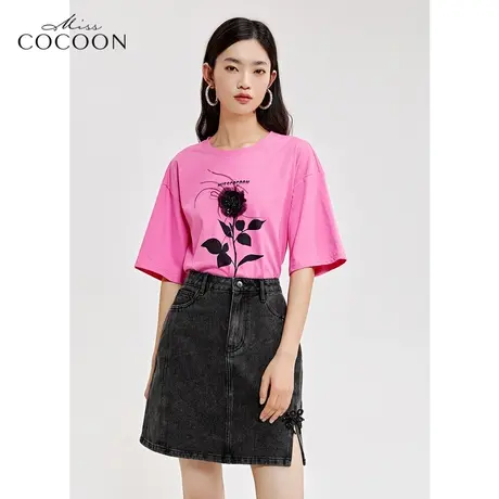 miss COCOON红色短袖t恤女2023新款春夏季宽松时尚设计感纯棉上衣商品大图