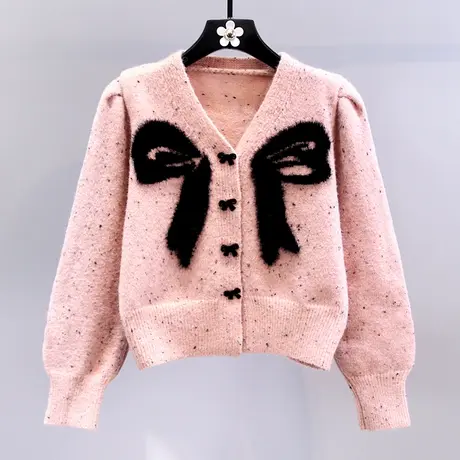 小香风蝴蝶结毛衣外套女冬季2023新款设计感修身短款V领针织开衫商品大图