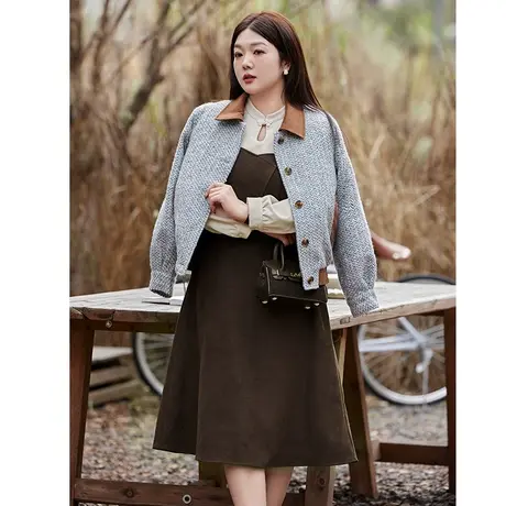 2024春冬新款气质时尚外套女格子小香风显瘦休闲翻领加厚夹棉外套图片