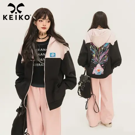 KEIKO [加密绒]创意印花宽松卫衣外套女2024早春撞色拉链连帽开衫图片
