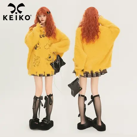 KEIKO 高端仿貂毛柠黄色绒感毛衣2023冬季甜酷卡通提花针织衫上衣商品大图