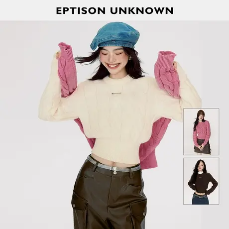 【小乐推荐】EPTISON毛衣女复古短款圆领多巴胺软糯温柔针织上衣商品大图