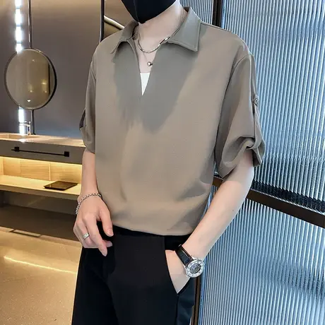 短袖t恤2023夏季新款时尚V领拼接假两件薄款高级感潮男半袖POLO衫商品大图
