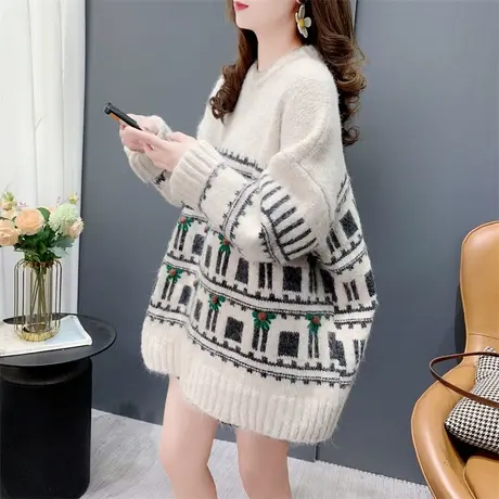 慵懒风加厚圆领毛衣女秋冬2023新款宽松爆款洋气减龄软糯针织上衣商品大图