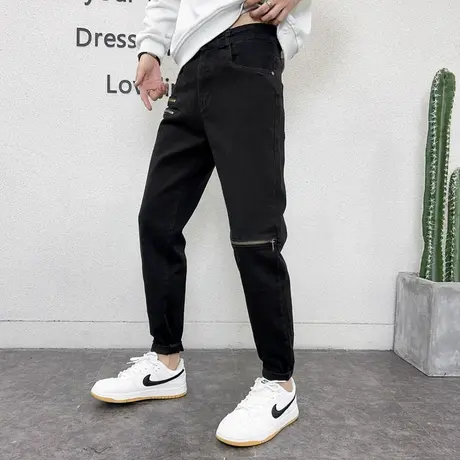 秋季韩版夜店高街黑色牛仔裤男潮牌网红拉链拼接设计感修身小脚裤商品大图