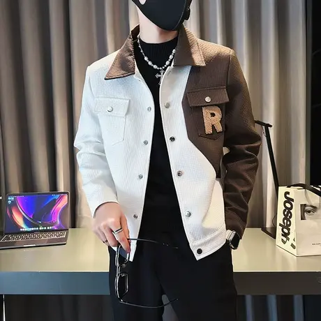 潮牌个性拼色外套秋季潮流修身百搭休闲ins工装学生个性夹克上衣商品大图