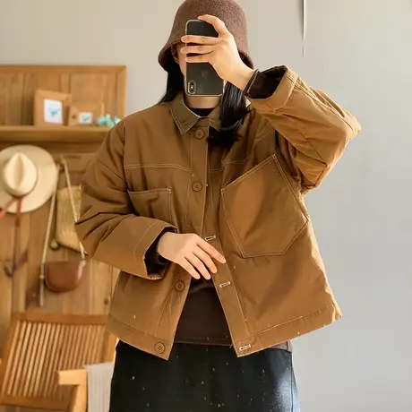 dza 复古大口袋翻领拼色加厚棉服外套女冬休闲宽松棉衣棉袄上衣女商品大图