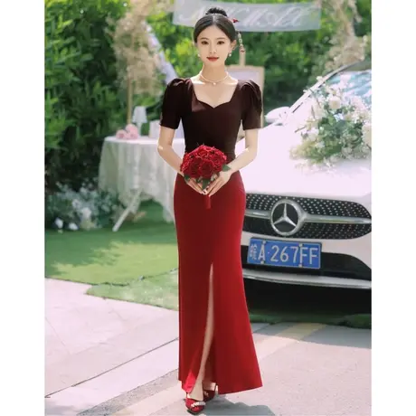 敬酒服新娘高级感订婚晚礼服裙女宴会气质主持人鱼尾长裙渐变红色商品大图