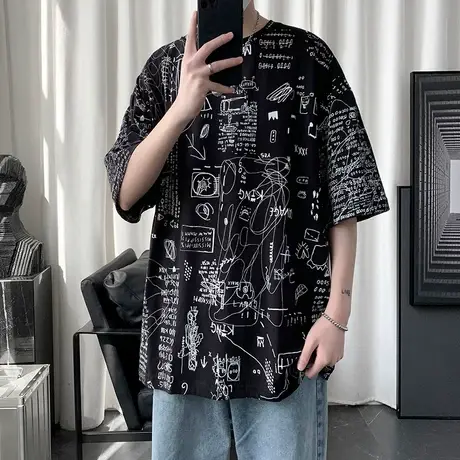 创意满印短袖T恤男ins港风圆领宽松夏季半袖衫潮流薄款纯棉上衣服商品大图