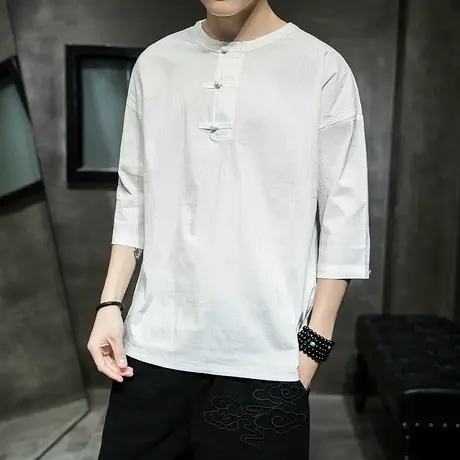 夏季七分袖短袖T恤中国风大码青年男装复古唐装盘扣圆领打底衫商品大图