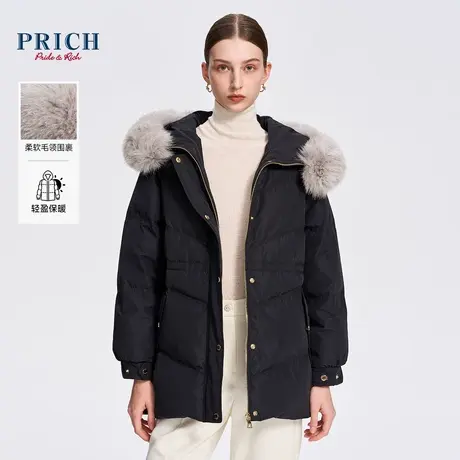 PRICH24春新款毛领连帽可调节腰带收腰蓬松保暖短款羽绒服外套女图片