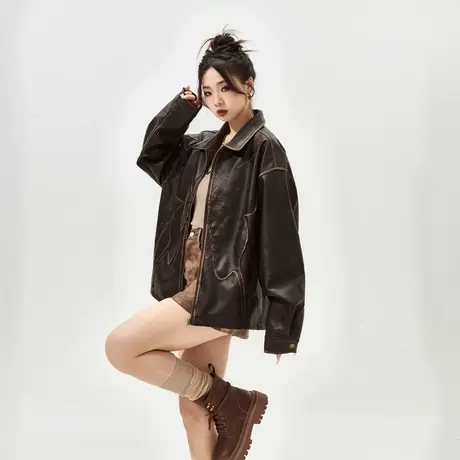YEP潮牌复古美拉德穿搭外套女春秋2025新款蝴蝶PU皮夹克宽松上衣商品大图
