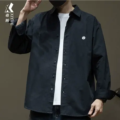 希越休闲衬衫男2024春秋款痞帅男士翻领衬衣宽松大码刺绣男生外套商品大图