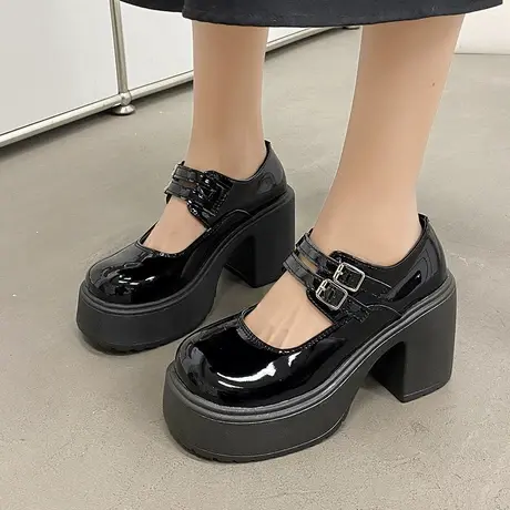 一字扣带玛丽珍鞋女2024年新款法式粗跟浅口单鞋英伦风高跟小皮鞋商品大图