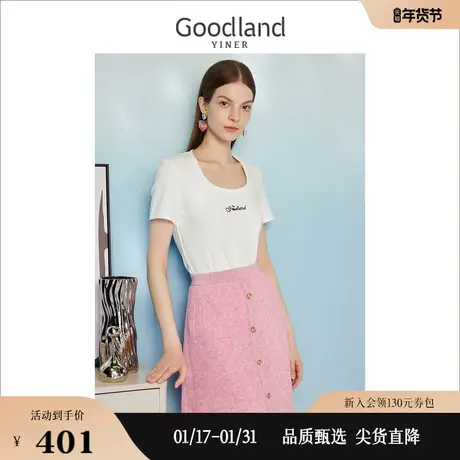 【季夏恋果】Goodland美地女装2023夏季短袖绣花小方领T恤商品大图