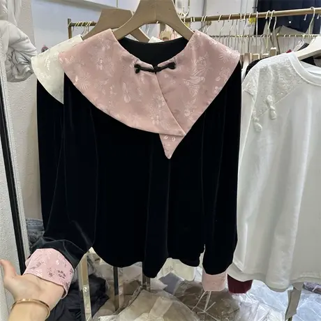 新中式国风复古盘扣娃娃领丝绒衬衫女2024春季新款宽松显瘦小衫潮图片