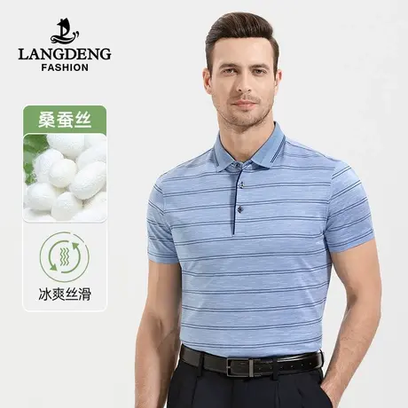 [含桑蚕丝]浪登男士条纹短袖T恤2023夏季新款商务休闲翻领polo衫商品大图