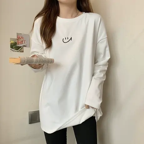 大码圆领长袖T恤女洋气宽松显瘦中长款高级感秋冬内搭打底衫上衣图片