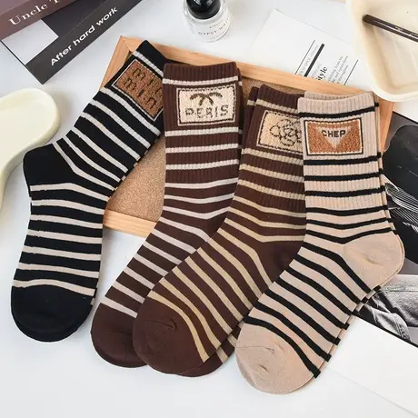 美拉德棕色条纹袜子女纯棉中筒袜秋冬网红毛绒百搭可爱ins潮商品大图