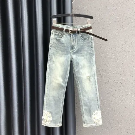 韩版直筒裤女24春夏新款浅蓝色个性刺绣设计感宽松百搭牛仔九分裤图片