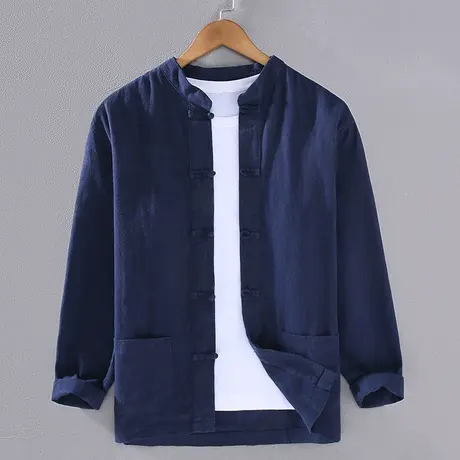 萨法瑞亚麻休闲衬衫男纯色中式复古2024新款男士棉麻衬衣宽松上衣商品大图