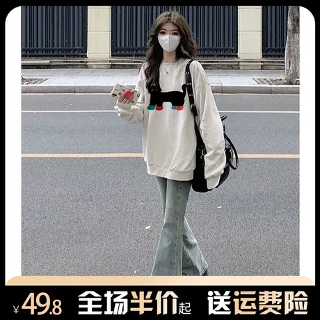 圆领白灰色卫衣女春秋薄款美式复古oversize宽松无帽上衣港风chic商品大图