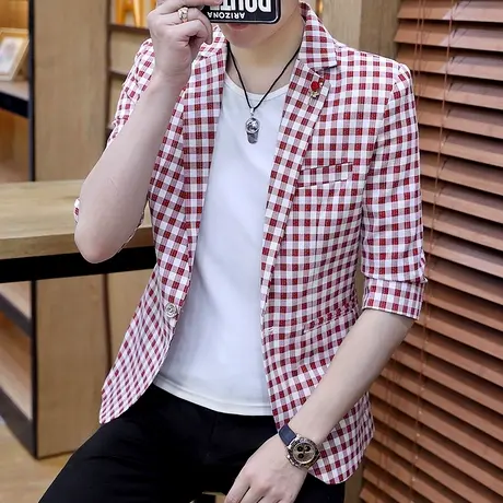 男士英伦中袖格子小西服夏季潮流男装理发型师帅气七分袖修身西装商品大图