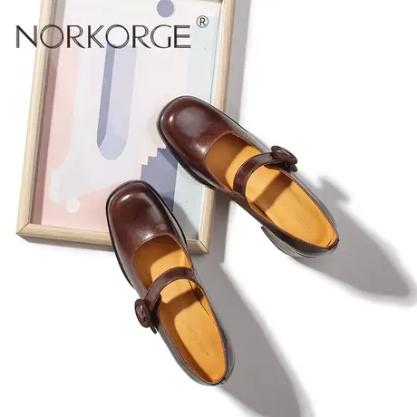 2024新款秋棕色复古法式Lolita玛丽珍真皮圆头粗跟高跟鞋单鞋女鞋商品大图