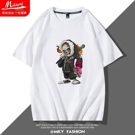 骷髅图案短袖t恤男夏天个性创意痞帅百搭潮流美式宽松男装体恤衫商品大图