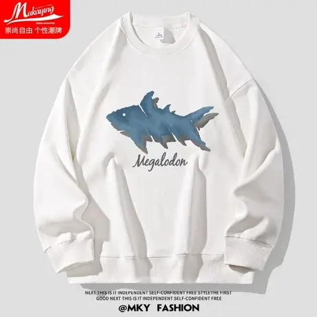 美式鲨鱼涂鸦卫衣男圆领设计感小众简约宽松大码秋季薄款长袖外套图片