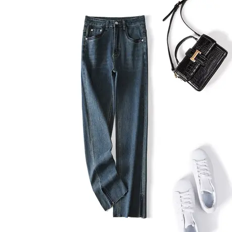 伊自尚大码女装2023秋季新款胖mm高腰宽松显瘦蓝色开叉牛仔裤子女图片