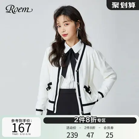 Roem商场同款韩版纯色通勤针织开衫新款气质优雅淑女毛衫上衣女图片