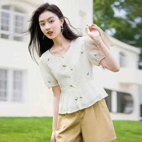 时尚气质碎花短袖圆领衬衫2023年夏季新款淑女温柔显瘦通勤上衣商品大图