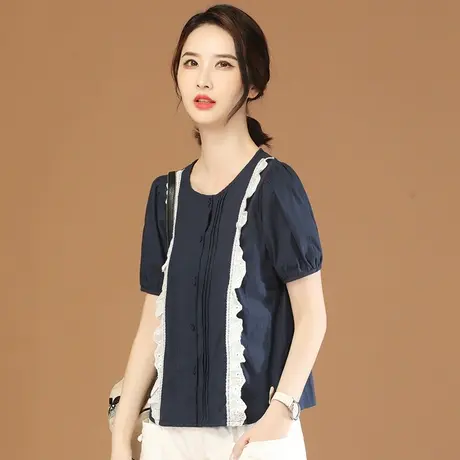 韩潮袭人高级感蕾丝拼接短袖衬衣2023夏季新款女士衬衫设计感小众商品大图