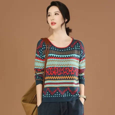 韩潮袭人民族风圆领长袖条纹针织衫女2023秋季新款百搭显瘦毛衣商品大图