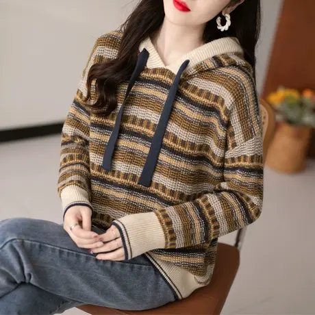 连帽针织设计感减龄新款针织衫2023秋冬新款外穿上衣复古风打底衫图片