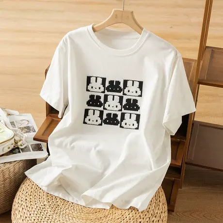 享永子短袖棉质T恤女刺绣卡通图案宽松显瘦百搭上衣2023春夏新款商品大图