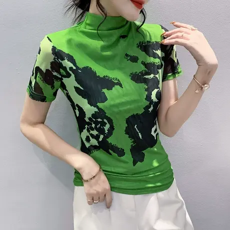 半高领网纱短袖T恤女春秋2023新款扎染印花洋气上衣修身漂亮小衫图片