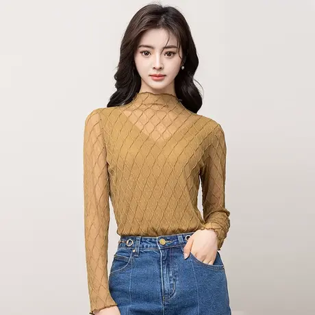 蕾丝打底衫女春秋薄款内搭网纱上衣镂空修身小立领荷叶边白色上衣商品大图