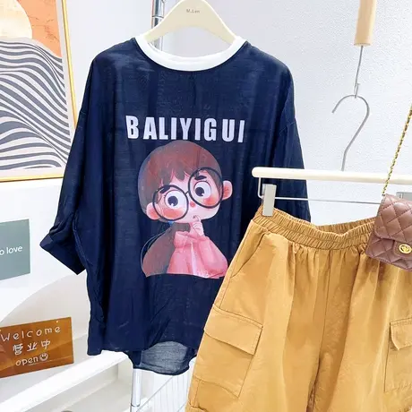 微胖显瘦穿搭~韩代款夏季新款薄款天丝棉七分灯笼袖上衣宽松遮肚商品大图