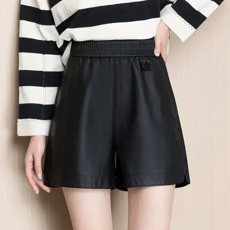 松紧腰黑色短裤女秋季外穿阔腿PU皮裤2023新款宽松显瘦百搭休闲裤商品大图