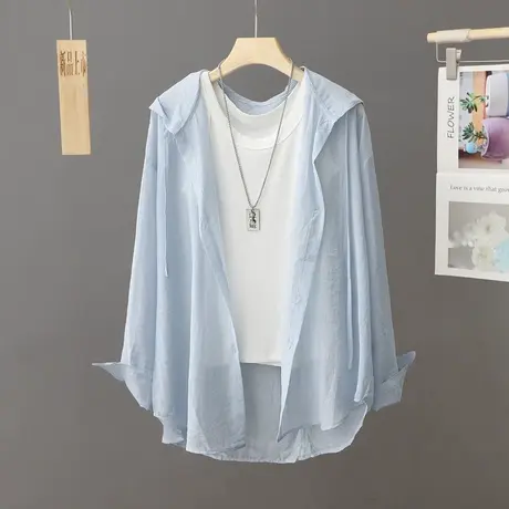 2023夏季新款轻薄轻薄款透气防晒衣外套女连帽中长款大码衬衫开衫商品大图