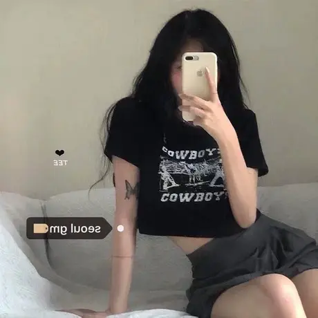 夏季女装2023年新款宽松露脐短袖t恤女甜酷辣妹短款上衣服女ins潮商品大图