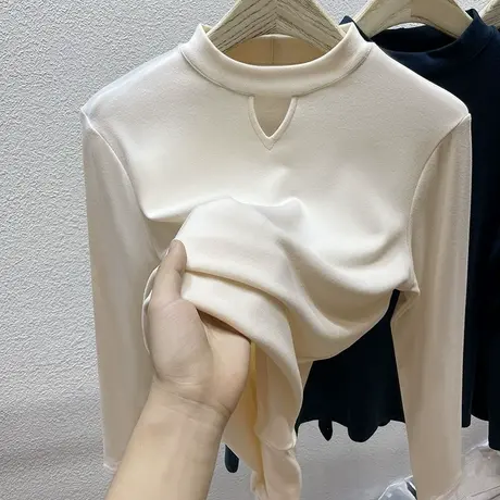 半高领磨毛双面德绒打底衫女2023秋新款镂空内搭加绒加厚上衣T恤商品大图