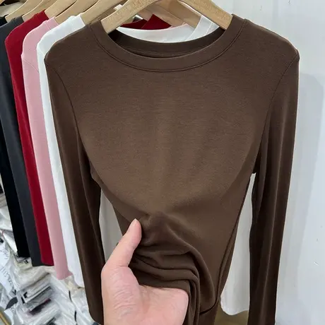 纯色百搭柔软亲肤圆领长袖T恤女2023早秋新款显瘦内搭打底衫上衣商品大图